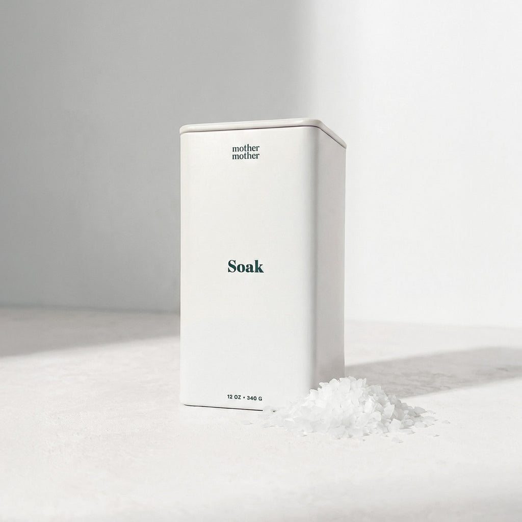 White container labeled 'Soak' by 'mother' on a light gray background