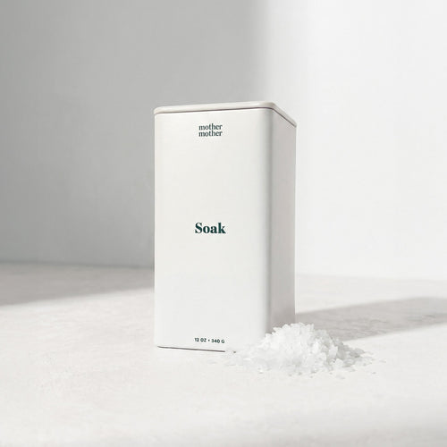 White container labeled 'Soak' by 'mother' on a light gray background